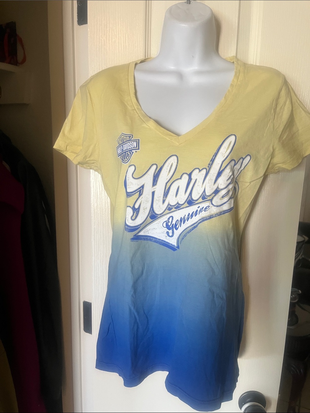 NWT- Harley-Davidson Yellow to Blue Ombre V-Neck Tee